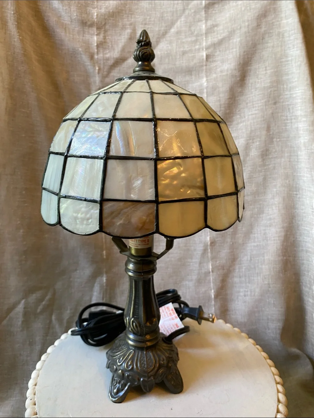 Stained Glass Tiffany Style Table Lamp in Cream Mother of Pearl Mosaic